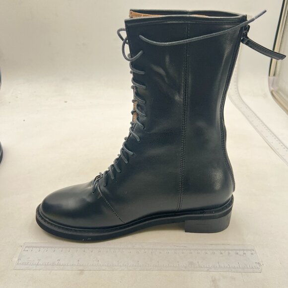 Women Stylish Knee High Boots Chunky Low Flat Heel Lace-Up Closed Toe Black Boot